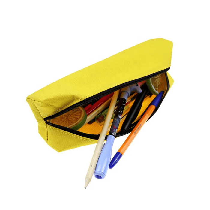 Polyester Pencil Case - A yellow pencil case with a zip opening, containing various pens and pencils inside. It has a logo on the exterior.