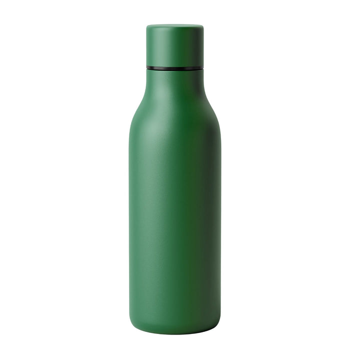 Emily Bottle – 550ml Thermal Drink Bottle - A drink bottle in a matte green finish, featuring a sleek design and a lid. It has a logo on the surface.