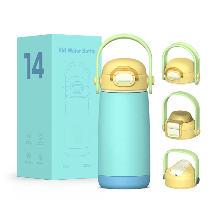 Pulse 420ml Stainless Steel Kids Metal Bottle - A drink bottle in mint green and yellow with a handle and a box, featuring a logo on the bottle.