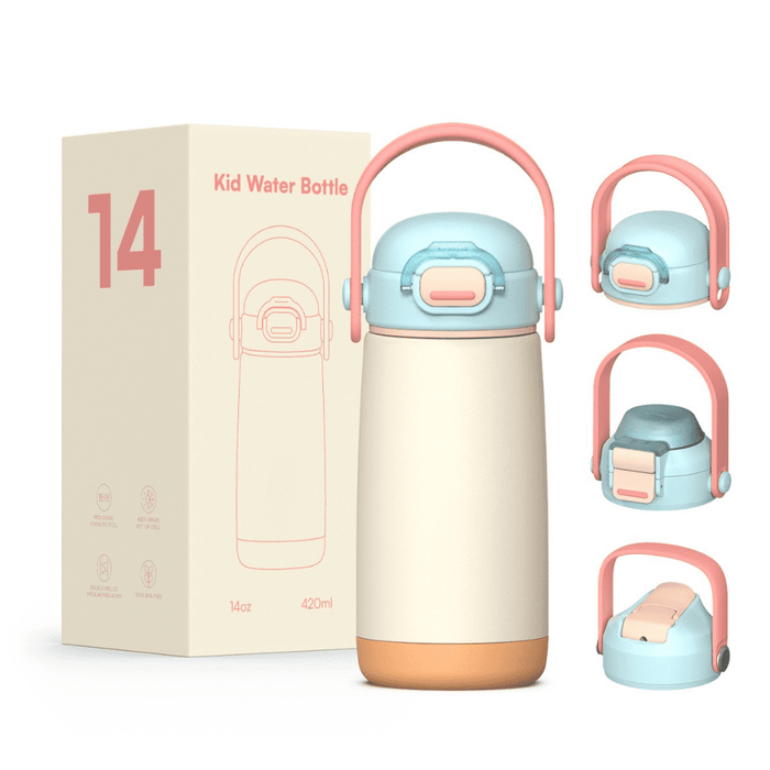 Pulse 420ml Stainless Steel Kids Metal Bottle - A drink bottle in pastel pink and blue, with a handle, displayed alongside its packaging. Contains 420ml capacity.