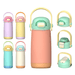 Pulse 420ml Stainless Steel Kids Metal Bottle - A drink bottle in pastel colours including pink, yellow, and mint green, featuring a handle and a logo.