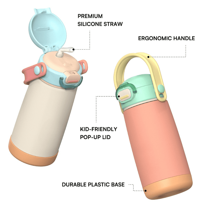 Pulse 420ml Stainless Steel Kids Metal Bottle - A drink bottle featuring a pastel colour scheme, ergonomic handle, pop-up lid, and silicone straw, with a durable plastic base.
