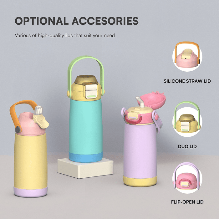 Pulse 420ml Stainless Steel Kids Metal Bottle - A drink bottle in pastel colours with various lid options. The bottle features a handle and has a logo.