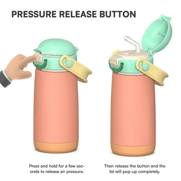 Pulse 420ml Stainless Steel Kids Metal Bottle - A drink bottle in pink and green, featuring a pressure release button and a removable lid with a straw.