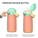 Pulse 420ml Stainless Steel Kids Metal Bottle - A drink bottle in pink and green, featuring a pressure release button and a removable lid with a straw.