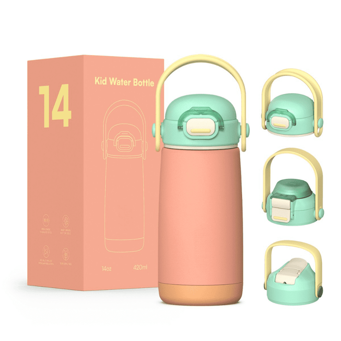 Pulse 420ml Stainless Steel Kids Metal Bottle - A drink bottle in pastel pink and mint green, featuring a handle and a lid, with an accompanying box in the background.