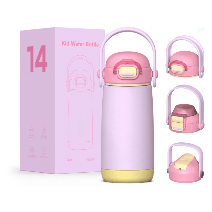Pulse 420ml Stainless Steel Kids Metal Bottle - A drink bottle in pink and yellow, featuring a handle and a logo, with a box designed for kids' use.