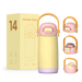 Pulse 420ml Stainless Steel Kids Metal Bottle - A drink bottle in pastel yellow, pink, and purple with a handle, accompanied by a box and various angle views.