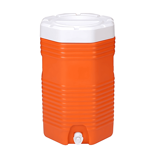 16L Water Dispenser Cooler Box - An orange water dispenser cooler box with a white lid and a tap at the bottom, featuring a logo.