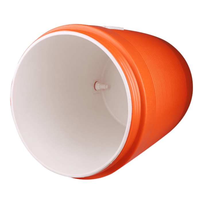28L Water Dispenser Cooler Box - An orange water dispenser cooler box with a white interior, featuring a spout and a textured exterior.
