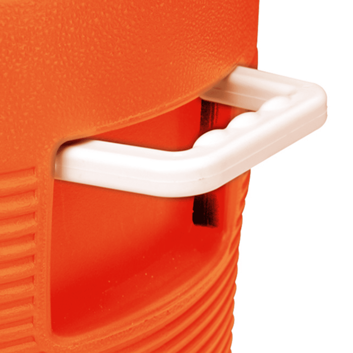 28L Water Dispenser Cooler Box - An orange water dispenser cooler box featuring a white handle for easy carrying. It includes a logo.