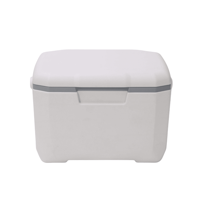6L Cooler Box - A white 6L cooler box with a grey trim and a smooth, streamlined design. It features a simple logo on the side.