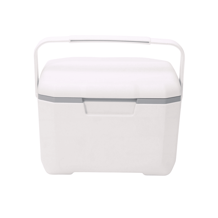 6L Cooler Box - A white 6L cooler box with a grey accent and a sturdy handle. It features a smooth, rectangular design.