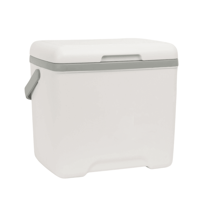 13L Cooler Box - A 13L cooler box in white with a grey lid and handle, featuring a logo.
