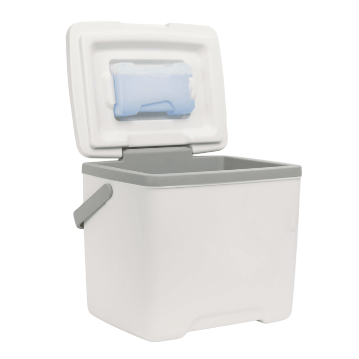 13L Cooler Box - A white 13L cooler box with a grey handle and a lid, featuring a blue ice pack inside.