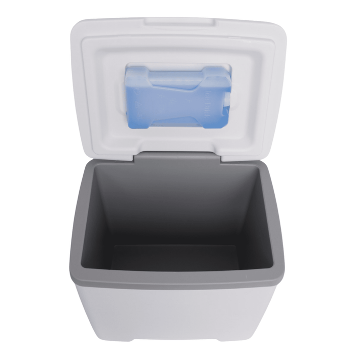 13L Cooler Box - A 13L cooler box in grey and white, featuring a removable ice pack inside. It has a logo on the exterior.