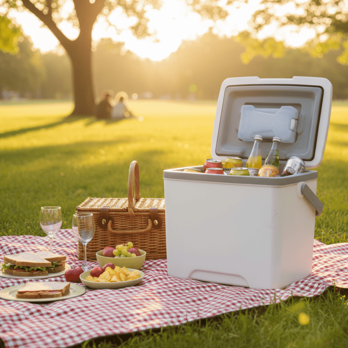 13L Cooler Box - A 13L white cooler box on grass with drinks inside, surrounded by food and picnic items. It has a branding logo.