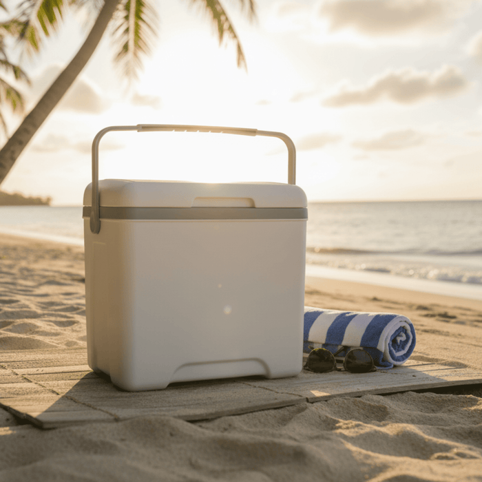 13L Cooler Box - A white 13L cooler box on a sandy beach, accompanied by a blue-striped towel and sunglasses.