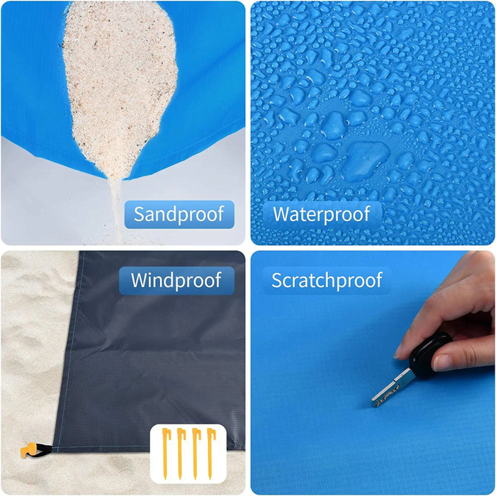 Polyester Picnic Blanket in Pouch - Four panels showcasing features of a blue polyester picnic blanket: sandproof, waterproof, windproof, and scratchproof.