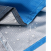 Polyester Picnic Blanket in Pouch - A close-up of a blue polyester picnic blanket featuring a water-resistant underside with droplets. It has a logo.