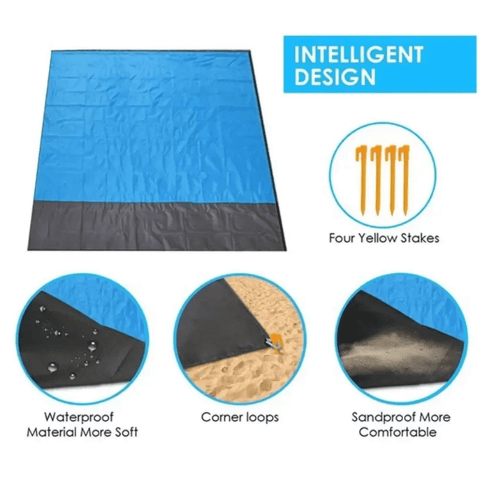 Polyester Picnic Blanket in Pouch - A polyester picnic blanket in pouch, featuring a blue and black design with corner loops and waterproof materials.