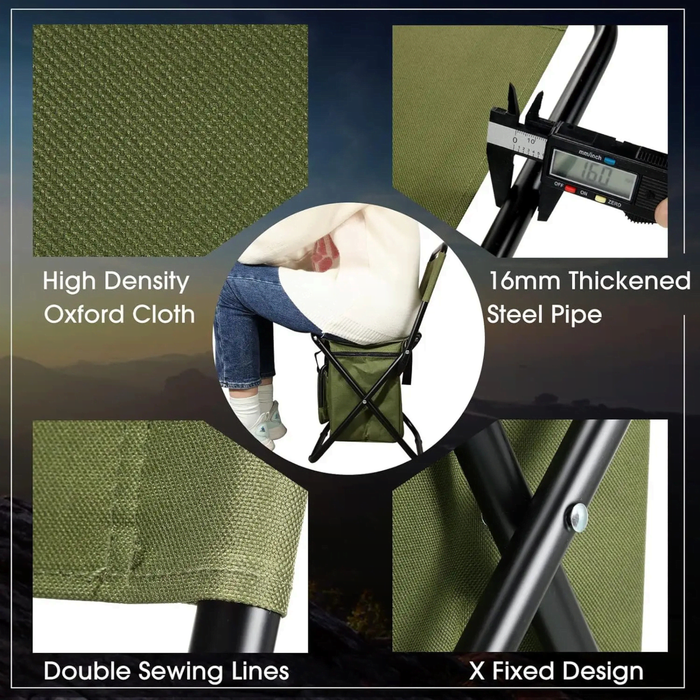 HYDE Foldable Camping Chair with Cooler Bag - A green foldable camping chair with a cooler bag, featuring thickened steel pipes and high-density Oxford cloth.