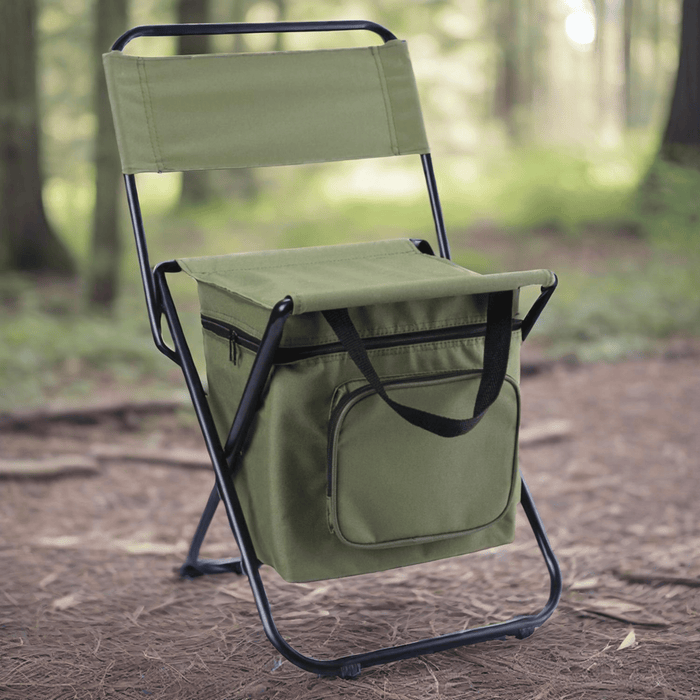 HYDE Foldable Camping Chair with Cooler Bag - A green foldable camping chair with a cooler bag attached, set on a forest floor. It features a zippered cooler compartment.