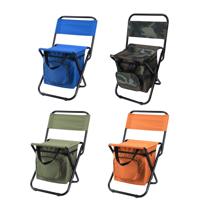 HYDE Foldable Camping Chair with Cooler Bag - Four foldable camping chairs are displayed: blue, camouflage, green, and orange, each with a cooler bag attached.