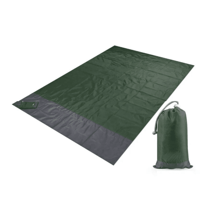Polyester Picnic Blanket in Pouch - A green polyester picnic blanket laid out flat beside a matching pouch for storage.