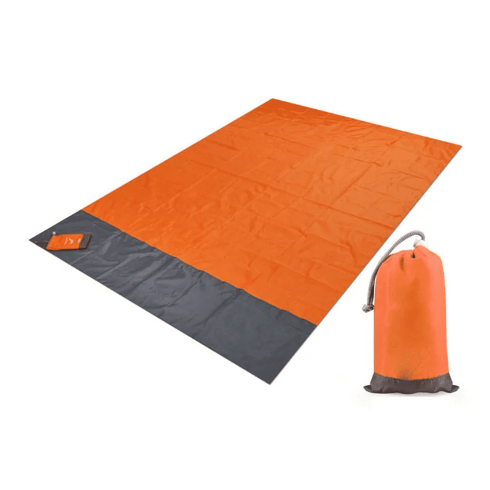 Polyester Picnic Blanket in Pouch - An orange and grey polyester picnic blanket laid out flat beside a matching pouch.