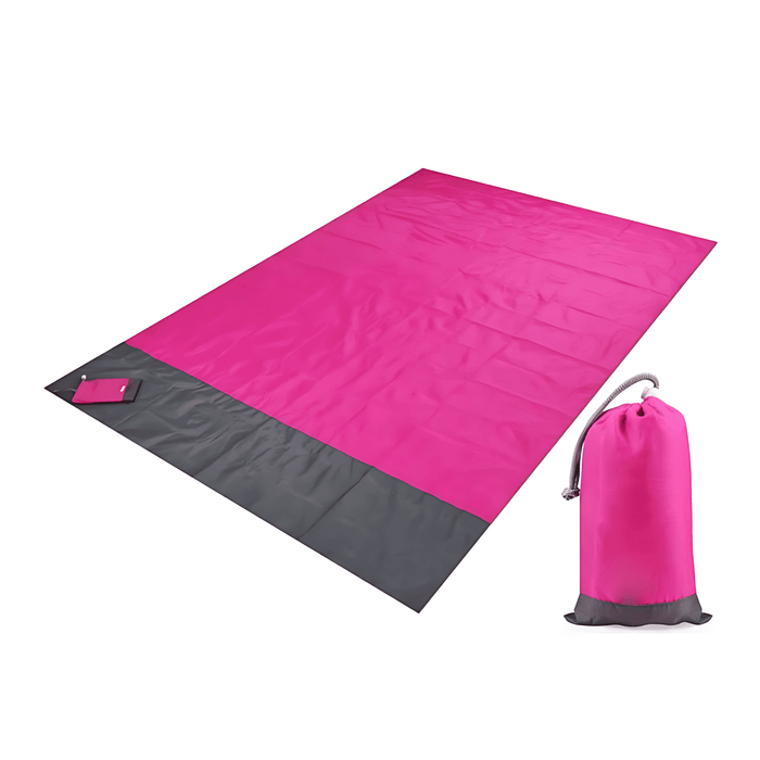 Polyester Picnic Blanket in Pouch - A pink polyester picnic blanket with a grey trim, accompanied by a matching pouch for storage.