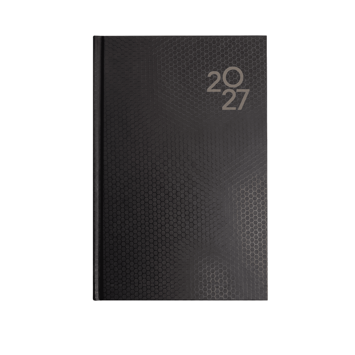 Penguin A5 Day to Day Diary - A black A5 diary featuring a textured design and the year "2027" prominently displayed. It includes a logo.