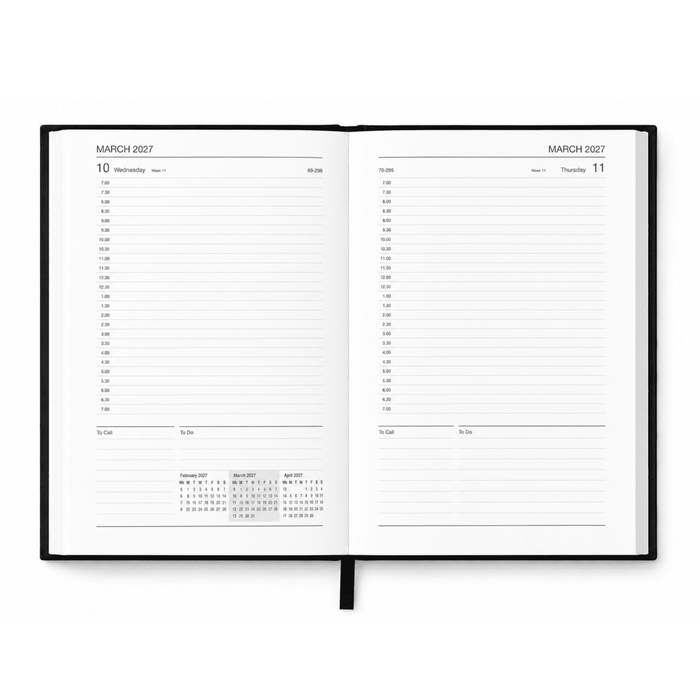 Penguin A5 Day to Day Diary - A black A5 diary with white, lined pages and a monthly calendar layout for March 2027.
