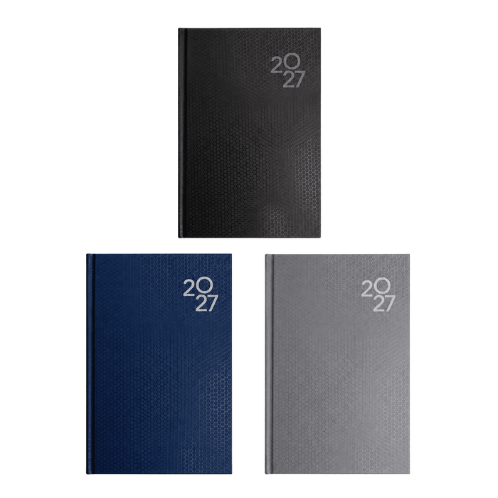 Penguin A5 Day to Day Diary - A Penguin A5 Day to Day Diary collection featuring black, navy, and grey options, each with a logo.