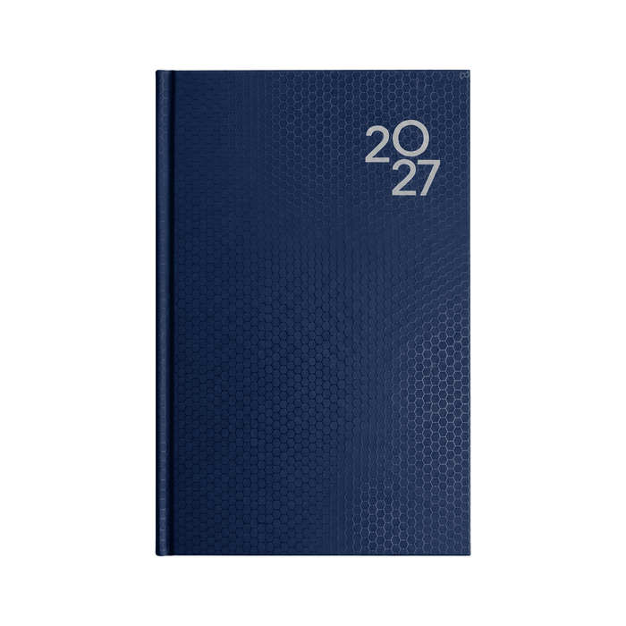 Penguin A5 Day to Day Diary - A navy blue A5 day-to-day diary featuring a textured pattern and a year indicator on the cover, along with a logo.