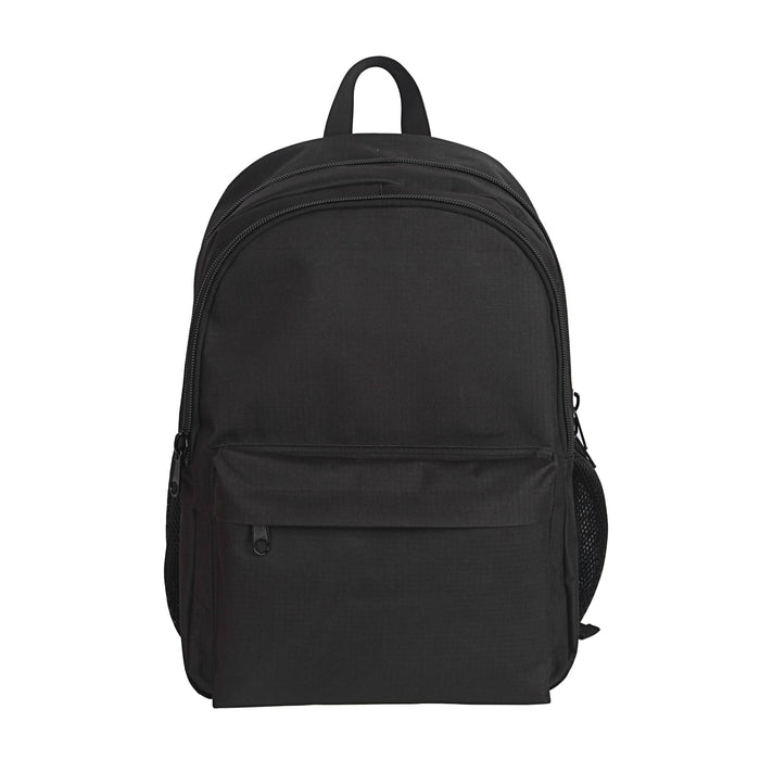 Field Backpack - A black backpack featuring a main compartment, front pocket, and side mesh pocket. It includes a logo.