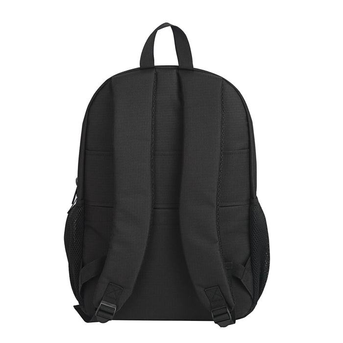 Field Backpack - A black backpack featuring padded straps and mesh side pockets, with a simple design and no visible branding.