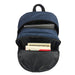 Field Backpack - A navy-blue backpack opened to reveal compartments containing a laptop, notebooks, and other items. It features a logo.