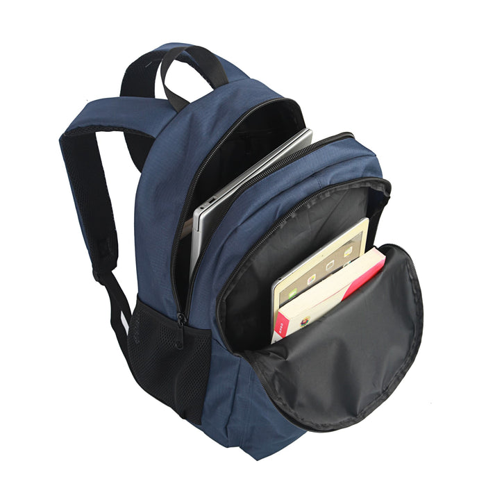 Field Backpack - A navy blue backpack with multiple compartments, including space for a laptop and various books. It features a logo.