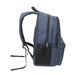 Field Backpack - A navy blue backpack with multiple compartments, featuring two zippered sections and a mesh pocket on the side.