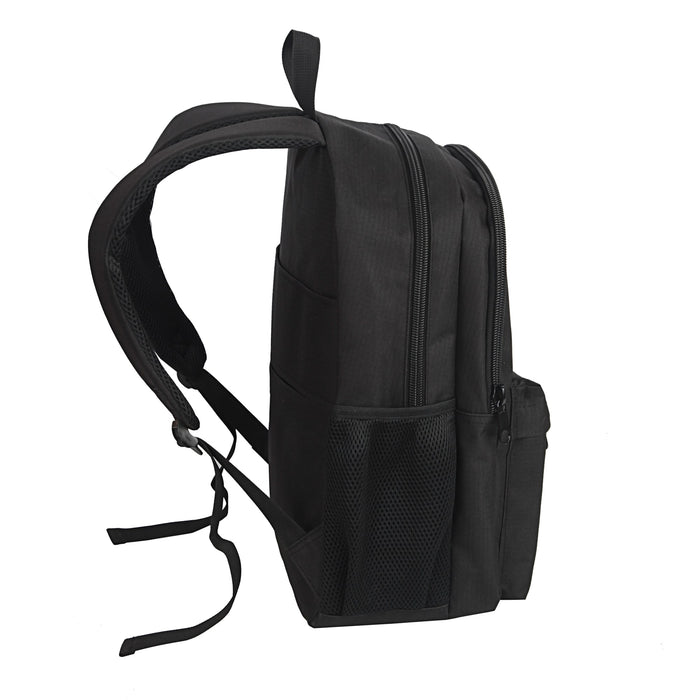Field Backpack - A black backpack with multiple compartments, a mesh pocket, and padded straps, featuring a logo.