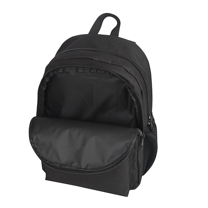 Field Backpack - A black Field Backpack featuring multiple zip compartments and a front pouch, with a logo visible.