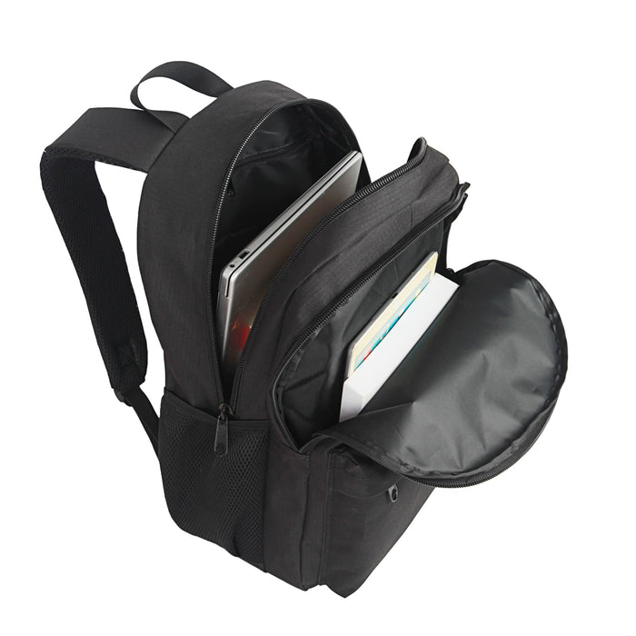 Field Backpack - A black backpack with multiple compartments, including space for a laptop and documents. It features a logo.