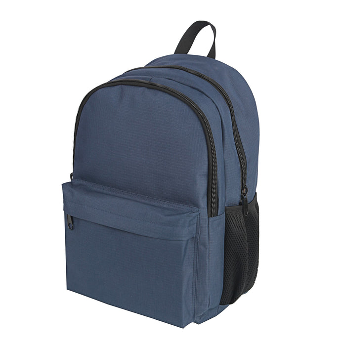 Field Backpack - A navy blue backpack featuring multiple compartments and a side mesh pocket, complete with branding.