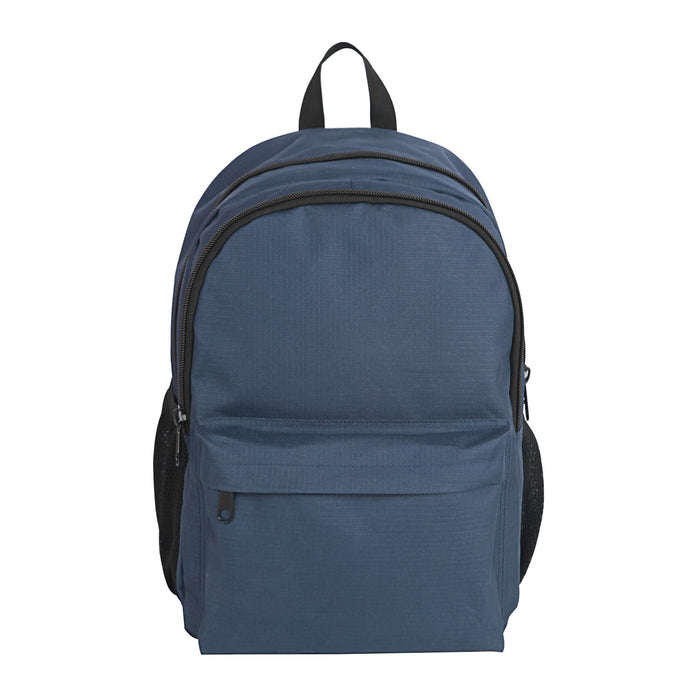 Field Backpack - A navy blue backpack with a front pocket and black accents, featuring a logo on the front.