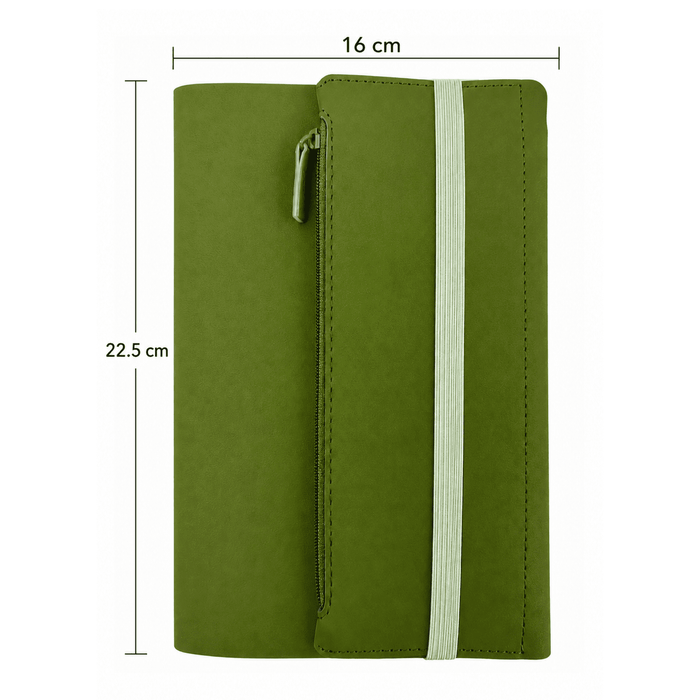 Executive Soft-Touch PU Leather Notebook - A green executive soft-touch PU leather notebook with a zippered pocket and an elastic band. Dimensions: 16 cm x 22.5 cm.