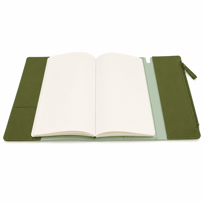 Executive Soft-Touch PU Leather Notebook - An olive green soft-touch PU leather notebook with a zipper pocket and open lined pages.