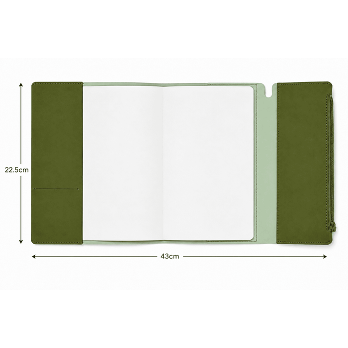 Executive Soft-Touch PU Leather Notebook - An olive green soft-touch PU leather notebook with an elastic closure, two inner pockets, and a zippered compartment.