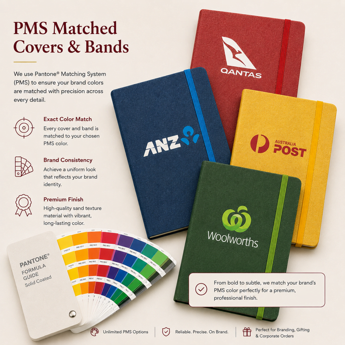 Sandbeach Textured PU Hard Cover Notebook - A collection of five notebooks with textured covers in various colours, each featuring a logo and a matching colour guide.