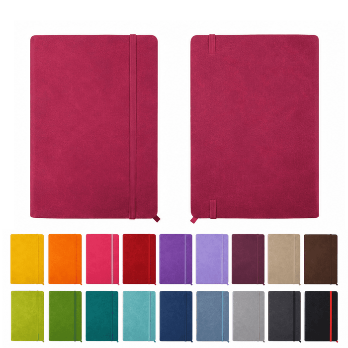 Sandbeach Textured PU Hard Cover Notebook - A textured PU hard cover notebook in pink, with additional colour options displayed below. Features an elastic closure.